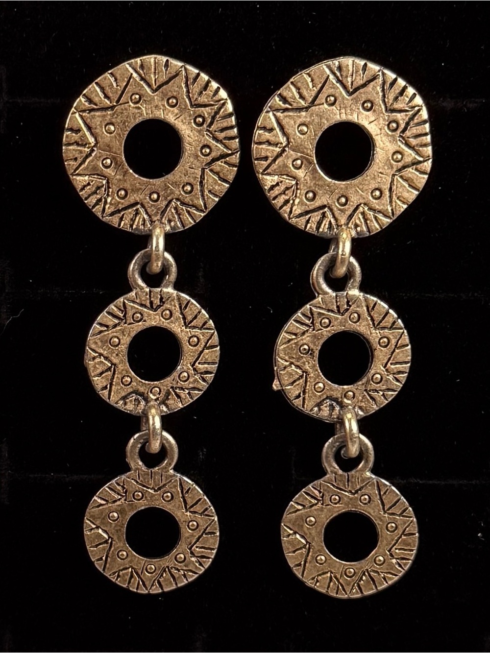Etched goldish, brasstone, modernist pierced earrings